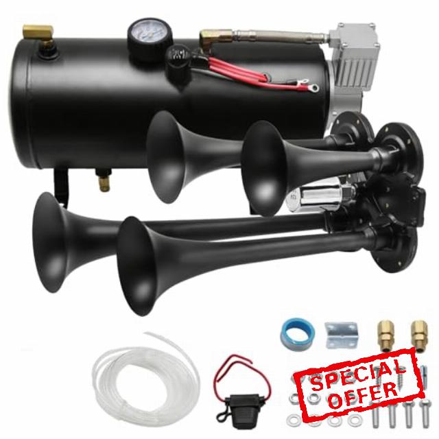 Train Horn Kit for Trucks & Cars - 4 Trumpet 180DB Super Loud Air Horn with 150 PSI 0.8 Gallon 12V Compressor