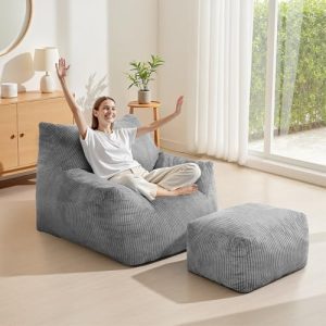 3FT Beanbag Chair with Ottoman Pre-Filled Fluffy Lazy Chair Corded Fabric Accent Chair for Bedroom Living Room Dorm (Gray)