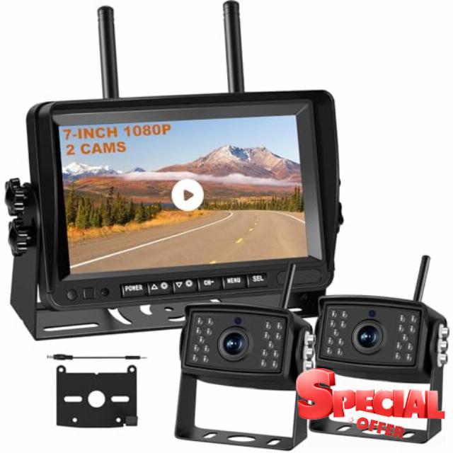 Dual Wireless Backup Camera System with 7” HD Monitor 1080P Rearview Cameras 26ft Signal Range Blind Spot Detection
