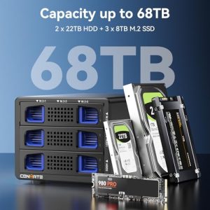 Hard Drive Enclosure Support 68TB(2*22TB HDD+3*8TB 2230/2242/2260/2280/22110 SSDs)