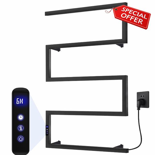 Towel Warmer Rack for Bathroom with Timer/Fahrenheit Temperature Control Wall Mounted Electric Heated 5 Bar Rail Plug-in or Hardwired Keep Bath Shower Towel Warming (Matte Black)