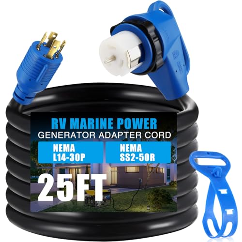 30A 4 Prong Locking Generator L14-30P Male to 50A Marine Shore Power 90 Degree Right Angle SS2-50R Female