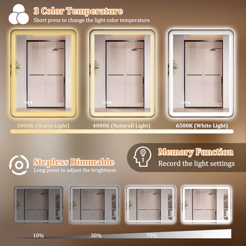 3 Colors Dimmable Lighted Bathroom Vanity Mirror