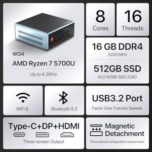 Up to 4.3GHz) Mini Gaming Pc16GB DDR4 512GB SSD Dual LAN (2.5G+1G) WiFi 6 4K@60Hz HD DP Type-C Ultra-Mini Desktop for Office Home