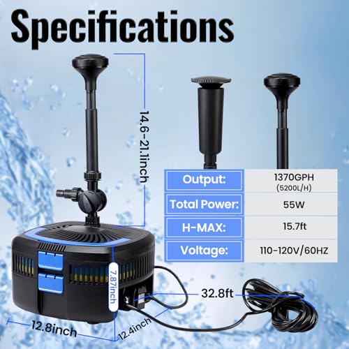 All-in-One Fountain Pump with Light and 2 Spray Patterns up to 1585 Gallons
