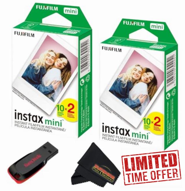 Fujifilm Instax mini Instant Daylight Film (Twin Packs + 32 GB USB Flash Drive) with Sunshine Photo Microfiber Cleaning Cloth... (2 Twin Packs + 32 GB USB Drive)