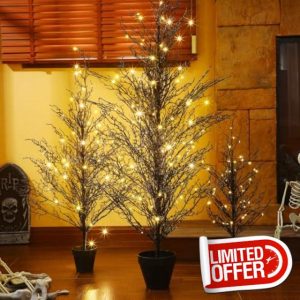 Giegxin Set of 3 Black Halloween Tree 4FT 3FT 2FT Realistic Artificial Pre-Lit Twig Birch Tree with Lights Gothic Light up Black Twig for Indoor and Outdoor Porch Fall Decor