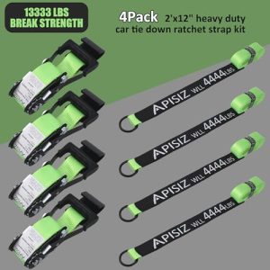 333LBS Break Strength Green Ratchet Straps with Flat Hooks for Hauling Truck