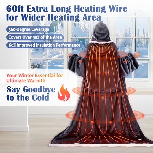 Flannel & Sherpa Heating Blanket with Foot Pocket for Adults Seniors