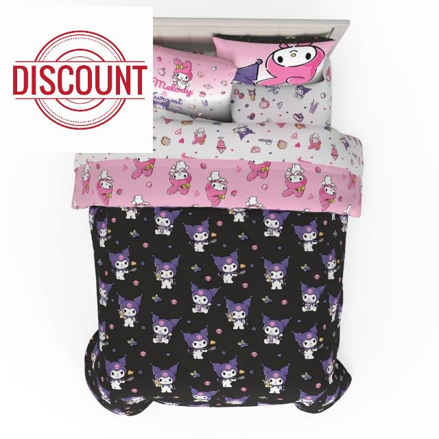 Franco Sanrio Kuromi & My Melody Bedding 7 Piece Super Soft Cozy Reversible Comforter and Sheet Set with Sham