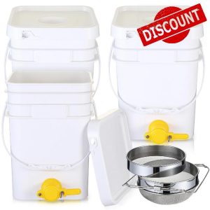 Baderke 3 Pack 5 Gallon Honey Bucket Plastic with Spout Bottling Valve and Stainless Steel Double Layer Strainer