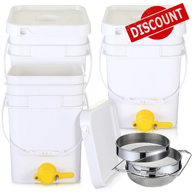 Baderke 3 Pack 5 Gallon Honey Bucket Plastic with Spout Bottling Valve and Stainless Steel Double Layer Strainer
