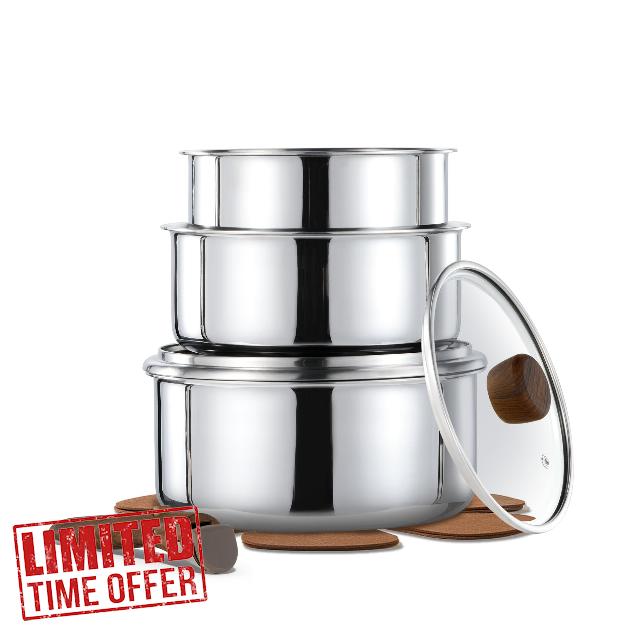 CAROTE 8pcs Stainless Steel Sauce Pan Set with Detachable Handle