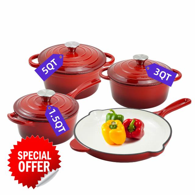 DVK Enameled Cast Iron Cookware Set 7 Piece Dutch Ovens Non-Stick