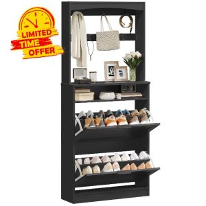 Tall Shoe Cabinet with Flip Drawers and Coat Rack