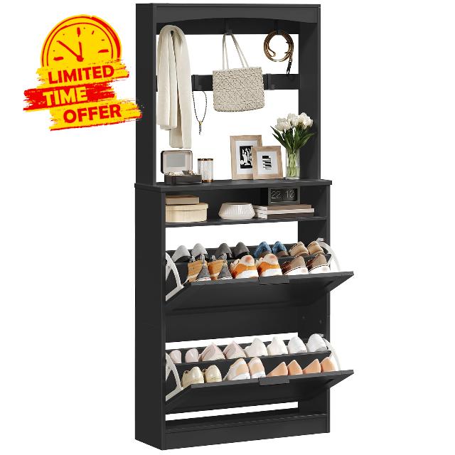 Tall Shoe Cabinet with Flip Drawers and Coat Rack