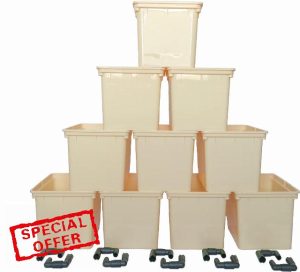 10-Pack Dutch Bucket Hydroponic System – Bato Buckets with Siphon Elbows – 11L (12" x 10" x 9") – Tan