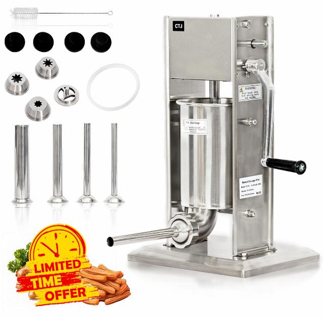 CTJ 7Lb/3L Sausage Stuffers 304 Stainless Steel Vertical Sausage Maker Two Speed Manual Sausage Filling and Spanish Churro Maker Machine with 4 Stuffing Tubes & Nozzle