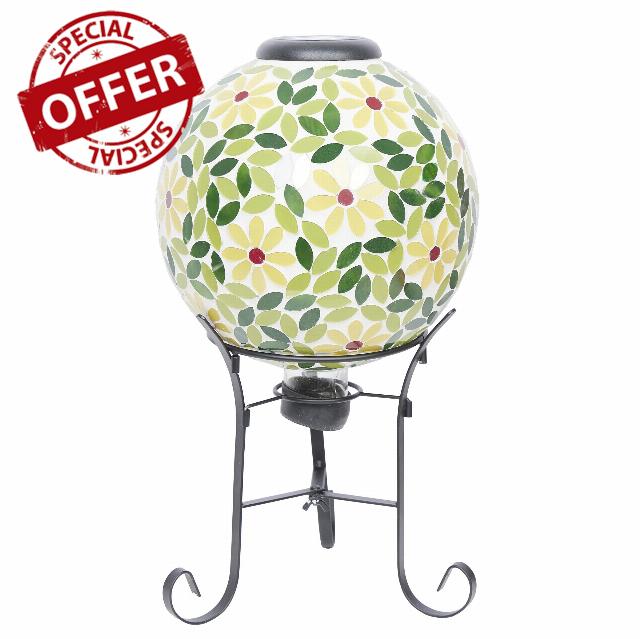 Alpine Corporation GRS1190A-SLR 11" Solar-Powered Floral Mosaic Glass Gazing Globe with Metal Stand