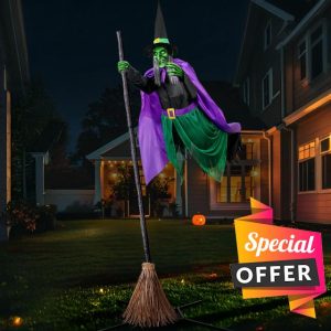 Halloween Decorations Outdoor - 12 Ft Animated Hovering Witch Animatronics Prop with Sound & Touch Activated Sensor - Spooky Scary Decor for Home Outside Garden Yard Lawn