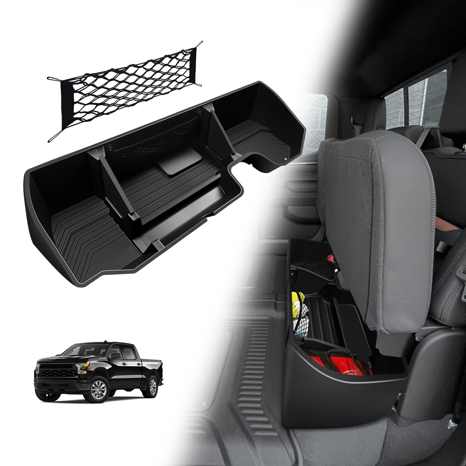 Under Seat Storage Box for 2019-2025 Chevy Silverado 1500&2500 3500HD(2020-2025) Accessories Crew Cab (No for Rear with Kicker Subwoofer) Detachable Custom Fit Rear Underseat Organizer