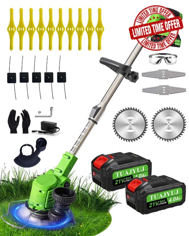 Cordless Weed Wacker Battery Powered 21V Weed Trimmer & Lawn Edger Weed Electric Eater with 2X 4.0Ah Batteries 4 Blades Lightweight Brush Cutter for Courtyard & Garden