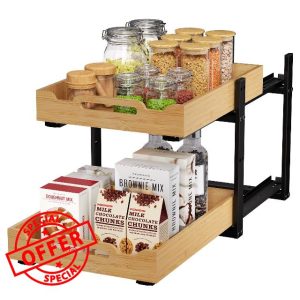 Golener Pull Out Cabinet Organizer - 2-Tier Slide Out Bamboo Drawers for Kitchen Cabinets