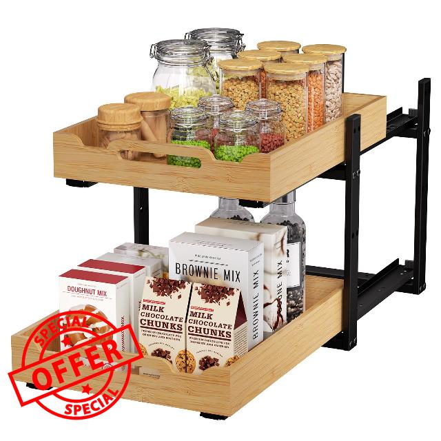 Golener Pull Out Cabinet Organizer - 2-Tier Slide Out Bamboo Drawers for Kitchen Cabinets