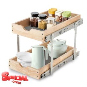 Pull Out Cabinet Organizer with Soft-Close Dampers 14" W x 21" D - 2 Tier Heavy-Duty Slide Out Drawers for Base Cabinets