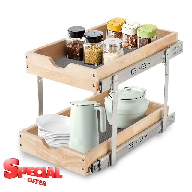 Pull Out Cabinet Organizer with Soft-Close Dampers 14" W x 21" D - 2 Tier Heavy-Duty Slide Out Drawers for Base Cabinets