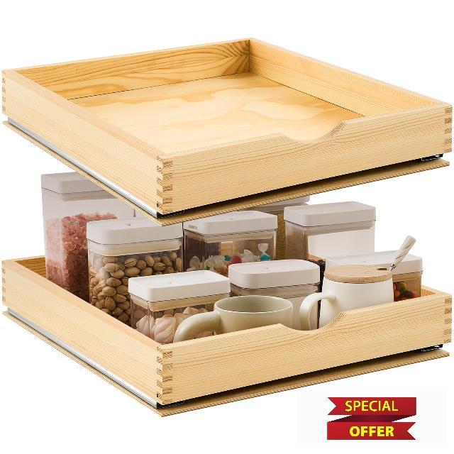 2 Set Pull Out Tray Cabinet Organizer 20'' × 21'' Wooden Slide Out Pantry Shelf with Fixed Wooden Base Plate for Base Cabinet Kitchen Gentle Close Fully Assembled Accessories