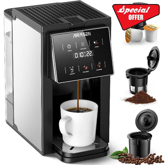 AIRMSEN Grind & Brew Coffee Maker with Grinder - Single Serve Machine Compatible with K-Cup Pods & Ground Coffee