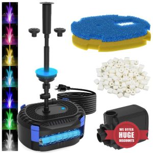 AquaMiracle All-in-One Pond Fountain Kit with Automatic Colorful LED for Outdoor Ponds 200-500 Gal