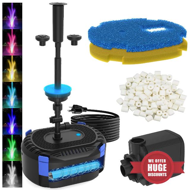 AquaMiracle All-in-One Pond Fountain Kit with Automatic Colorful LED for Outdoor Ponds 200-500 Gal