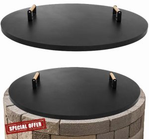 1MORE Fire Pit Lid Round 34" - Metal Firepits Cover with Wooden Handles for Patio Firepits