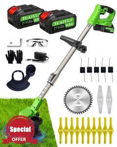 Electric Weed Wacker Cordless 21V Battery Powered Weed Cordless Eater with 2x4.0Ah Batteries Stringless StringTrimmer and Edger Contains 4 Blades Lightweight Brush Cutter for Courtyard Gardens