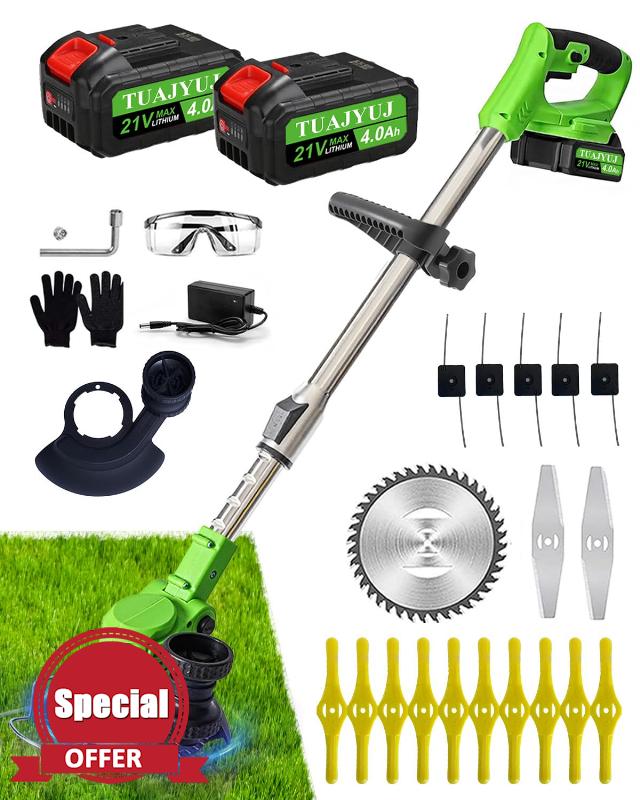 Electric Weed Wacker Cordless 21V Battery Powered Weed Cordless Eater with 2x4.0Ah Batteries Stringless StringTrimmer and Edger Contains 4 Blades Lightweight Brush Cutter for Courtyard Gardens
