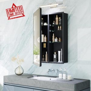 Black Medicine Cabinet with Mirror for Bathroom:16x24 Inch Small Mirrored Vanity Storage with Adjustable Shelves - Surface or Recessed Wall Mount - Matte Black Frame