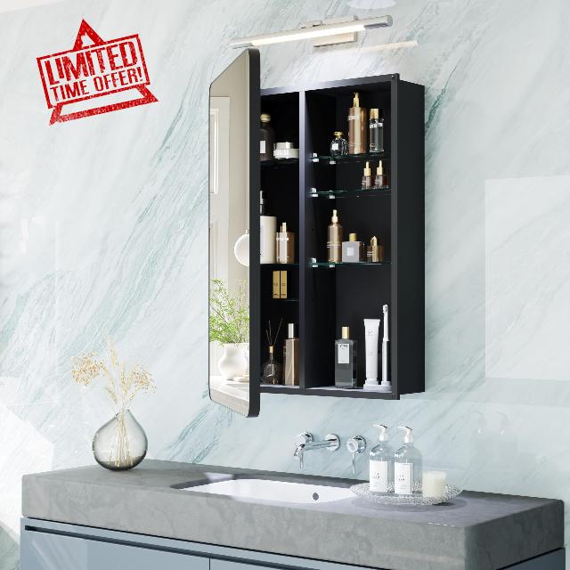 Black Medicine Cabinet with Mirror for Bathroom:16x24 Inch Small Mirrored Vanity Storage with Adjustable Shelves - Surface or Recessed Wall Mount - Matte Black Frame