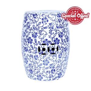 17.7" Chinese Double Coins Ceramic Garden Stool with Lattice Cutout