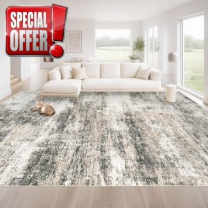 Area Rugs for Living Room: 8x10 Washable Rug Modern Abstract Neutral Soft Rug Non-Slip Low-Pile Indoor Floor Large Carpet for Bedroom Nursery Dining Room Home Office (Beige Brown Black