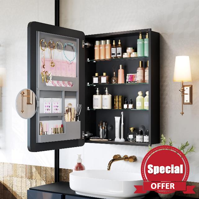 Black Medicine Cabinets for Bathroom with Mirror:20x26 Inch Small Mirrored Vanity Storage with Adjustable Shelves-Surface or Recessed Wall Mount-Matte Black Frame