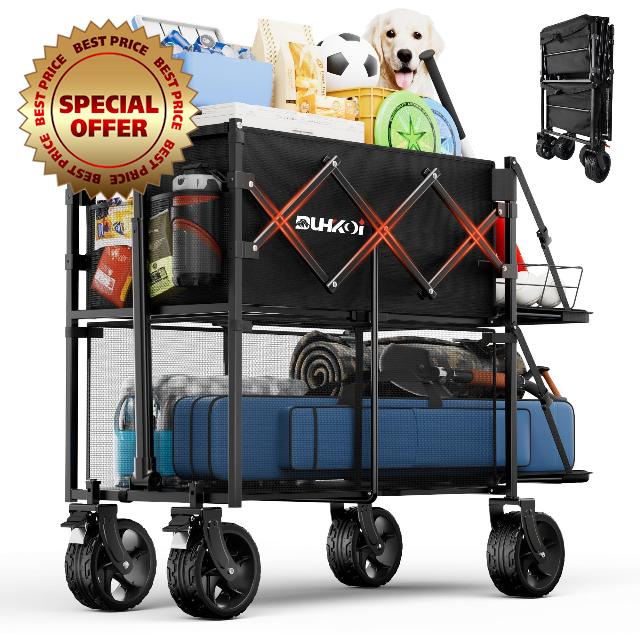 Double Decker Wagon 320L Large Capacity 400LBS Collapsible Sports Utility Cart with Big Wheels