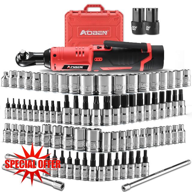 AOBEN Cordless Electric Ratchet Wrench with 83pc 1/4" to 3/8" impact sockets set