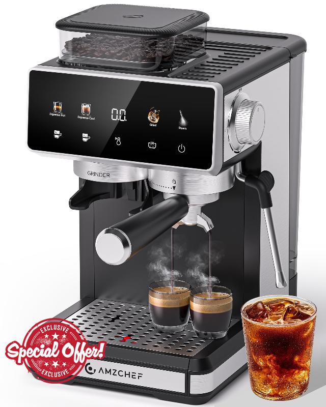 AMZCHEF 20 Bar Espresso Machine with Grinder - 3 Temp Coffee Machine with 20 Grinding Settings