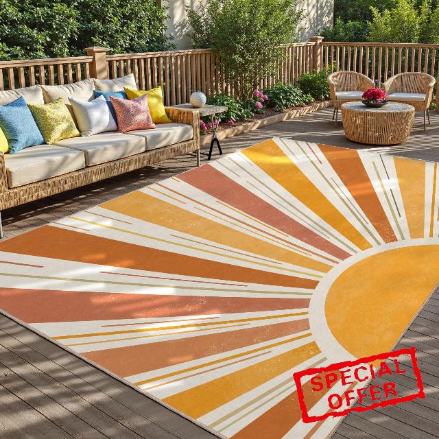Outdoor Indoor Area Rug Boho Sun Washable Outdoor 8x10 Patio Rugs Medieval Aesthetic Vintage Abstract Art Non-Slip Carpet for Living Room