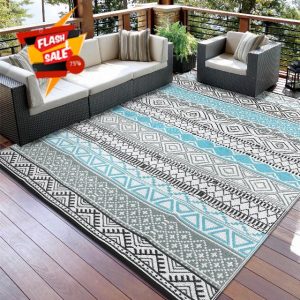 Extra Large Waterproof Outdoor Rug 10x20 UV Resistant Reversible Carpet Modern Geometric Outdoor Floor Mat Foldable Plastic Straw Patio Rug for Balcony Backyard