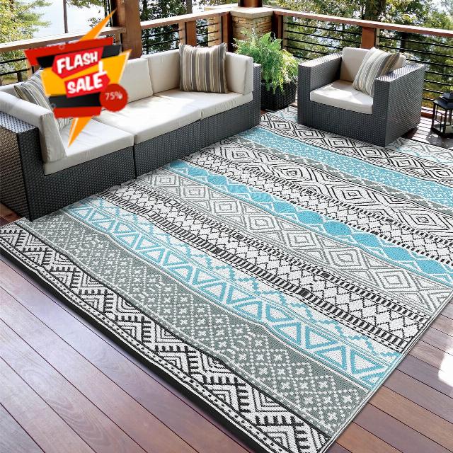 Extra Large Waterproof Outdoor Rug 10x20 UV Resistant Reversible Carpet Modern Geometric Outdoor Floor Mat Foldable Plastic Straw Patio Rug for Balcony Backyard