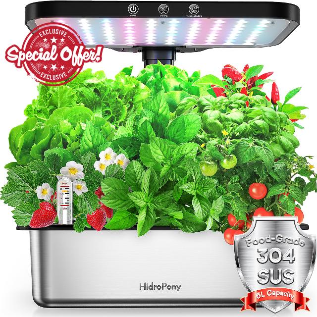 Stainless Steel Hydroponics Growing System kit Indoor Garden: 15 Pods Herb Garden with 24W Full Spectrum Grow Light