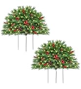 Outdoor Christmas Tree Urn Filler 2 Set, Pre-lit Artificial Flocked Xmas Tree with Cones & Red Be...